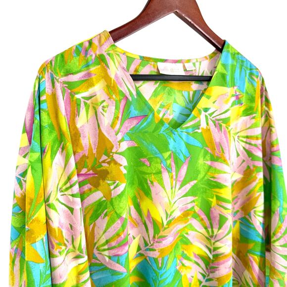 Belle by Kim Gravel Sz Medium Tropical Beach Kimono Style Green Blouse Shirt Top - Picture 3 of 8